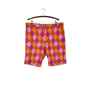 Loudmouth Golf Argyle Shorts Pink Orange Flat Front Cotton Blend Mens Size 38